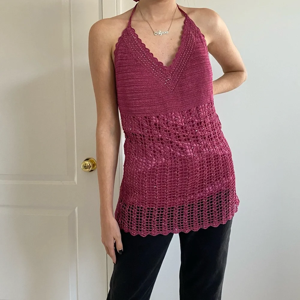 Y2K FLIRTY CROCHET HALTER TOP LE CHATEAU / SIZE XL - Picture 2 of 10